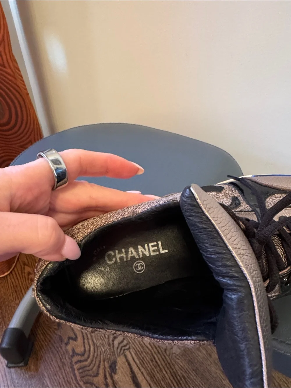CHANEL Metallic bronze and Black leather and jacquard  Lace-Up Sneakers. Size 38
